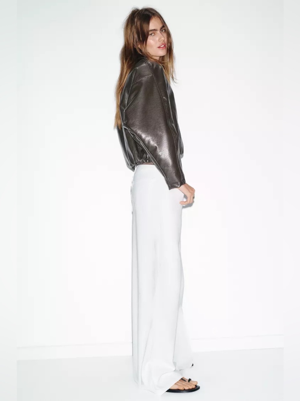 Zara Women's Dark Brown Faux Leather Zip Collared Bomber Jacket S - Picture 5 of 8